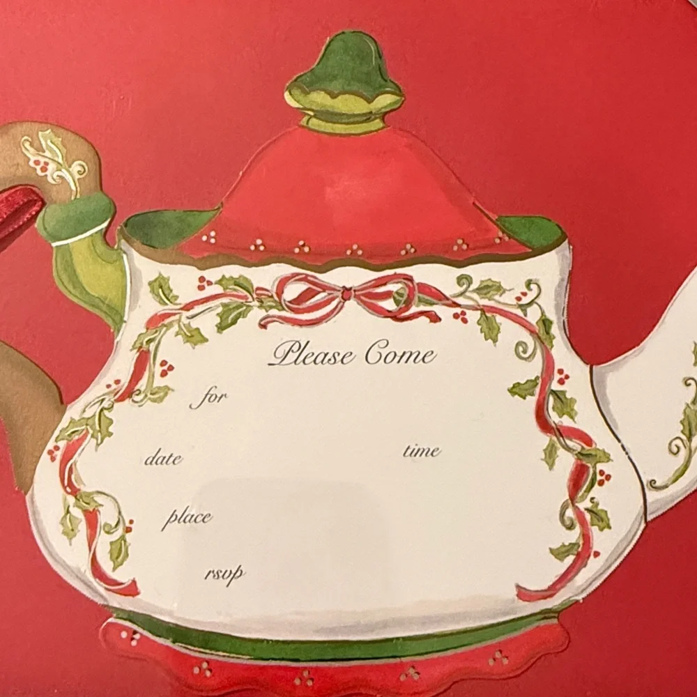NWT Set-of-10 Holly Teapot Invitations w/red envelopes, in original box